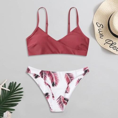 Bikinis Set Solid Color Padded Bra Floral Print Thong Summer Swimsuit for Women 2021 Casual Brazilian Beachwear Biquini Mujer