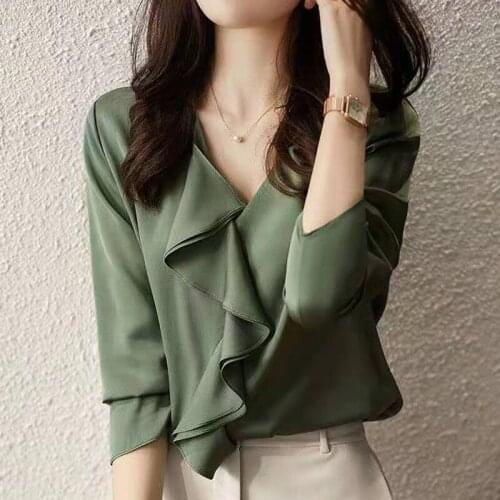 Fashion Elegant Ruffles Loose Womens Shirt Long Sleeve Solid Satin Silk Blouse Women 2021 Korean Plus Size Ladies Tops 13876