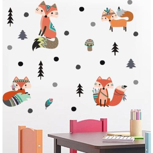 Indian Style Animal Fox Pine Tree Wall Stickers for Childrens Room Living Room Bedroom Art Sticker Kindergarten Home Decor