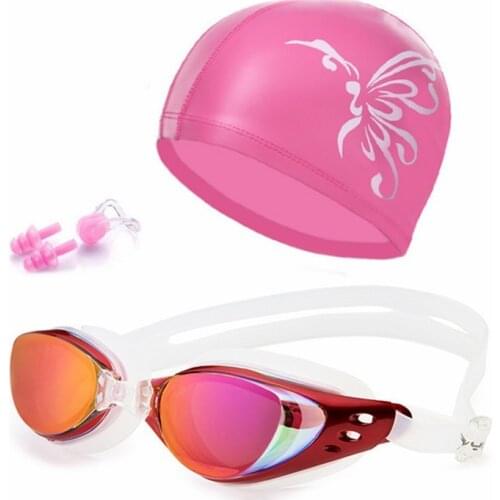 Unisex Swimming Goggles Waterproof anti-fog UV Protection Surfing Professional Swim Glasses Swim Caps Earplugs Nose Clip Set