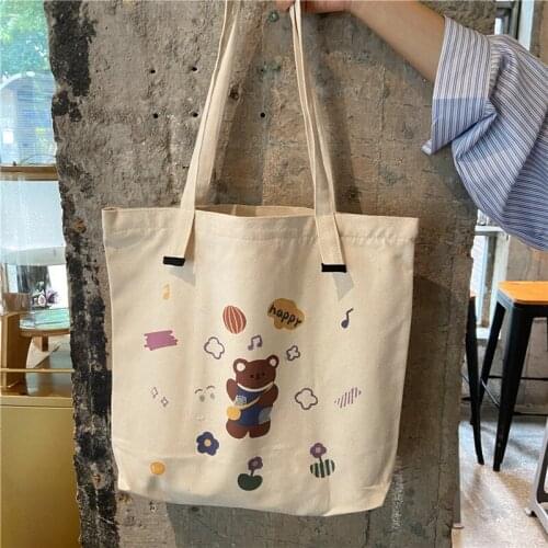 New Womens Bear Canvas Shoulder Shopping Bags Handbag Cartoon Cotton Cloth Large Tote Bag for Lady Ladies Storage Bags