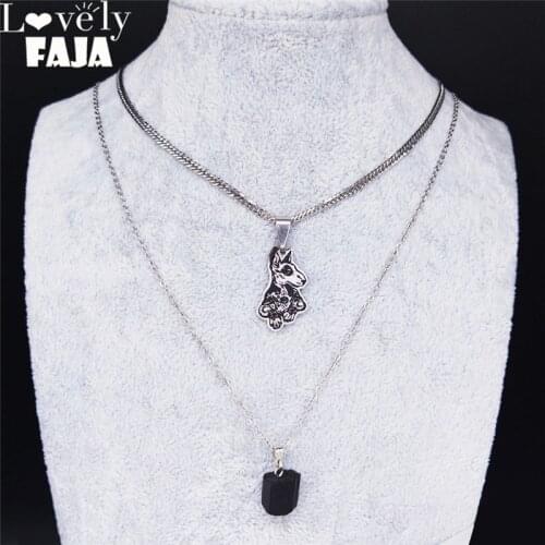AFAWA French Bulldog Stainless Steel Layered Necklace for Women Black Color Natural Stone Necklace Jewelry collar mujer N3760S03