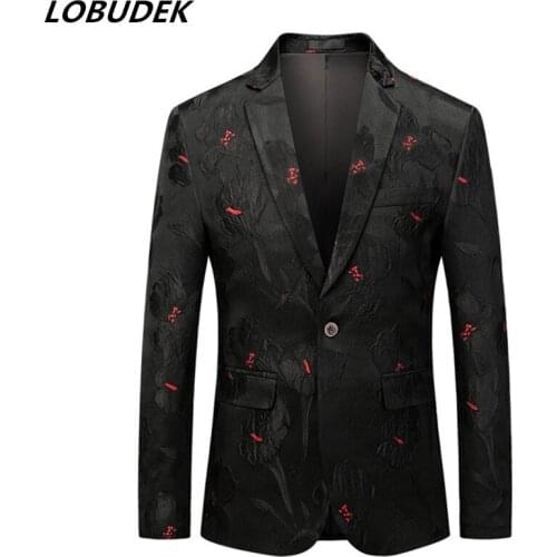 Gentleman Wedding Suit Jackets Men Jacquard Blazers Fashion Slim Fit Embroidery Host Suit Coat Winter Black Formal Tuxedo Blazer