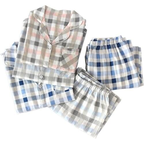 Simple Style Men And Women Plaid Homewear Lovers Full Sleeve Pajamas Set Coup;es Comfort Gauze Cotton Sleepwear Set For Spring