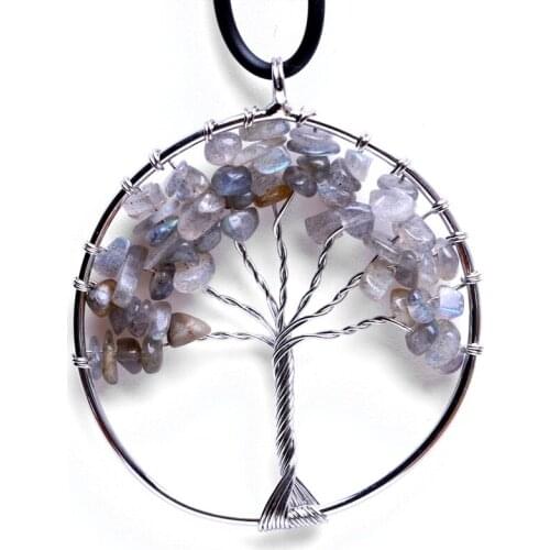 Tree of Life Pendant Flashy Labradorite Crystal Necklace Gemstone Chakra Jewelry Copper