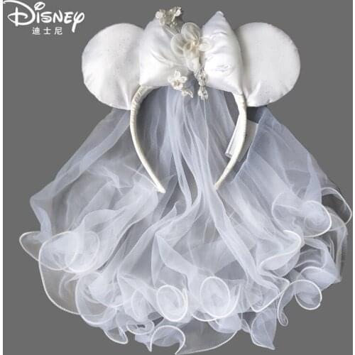 Disney Mickey Minnie Bridal Veil Head Band Crown Manual White Lace Embroidery Limited Edition Gift