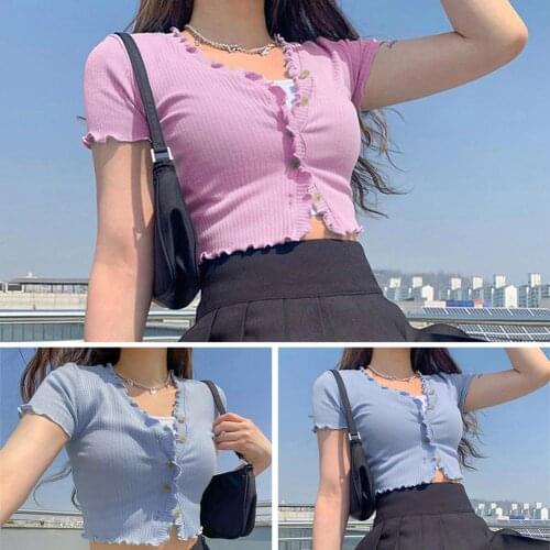 Sexy Women Solid Color Wavy Brim Short Sleeve V Neck Button up Crop Top Shirt perfect for sex women