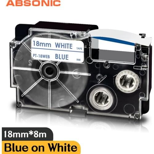 Blue on White Labeling Tape Compatible Casio Label Printer XR-18WEB 18mm*8m Label Ribbon for Casio KL-750 KL-8100 8800 Labeler