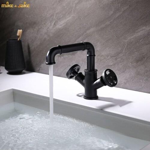 Whole brass hot and cold double handle basin sink tap black faucet Industrial style bathroom sink black sink tap Sink faucet