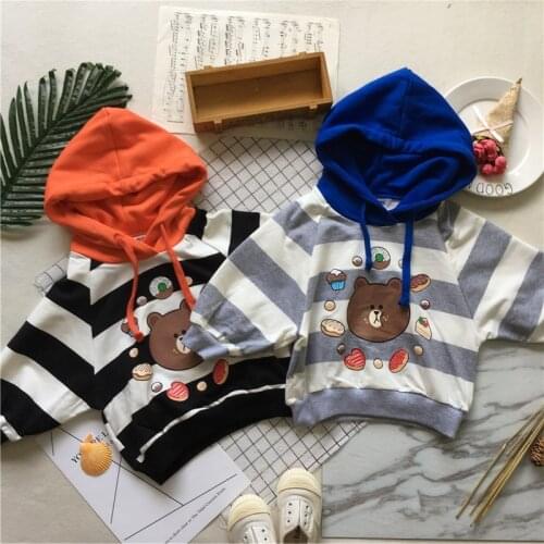Tonytaobaby Autumn Clothing New Style Baby Bear Printed Stripes Contrast Color Hoodie CHILDRENS Toddler Girl Hoodie