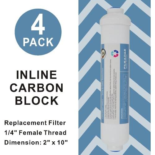 Universal 2" x 10" Post Inline Carbon Water FilterCartridge for Under Sink and Reverse Osmosis RO water purifier System - 4 PACK