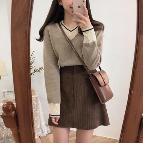 Female Korean Harajuku Chic Retro Striped Contrast V-neck Sweater Womens Sweaters Japanese Kawaii Ulzzang Clothing For Women