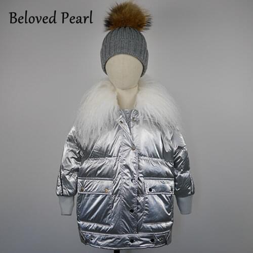 Winter Hooded Real Mongolian Lamb Fur Parka for Boys and Girls Toddlers Silver and Black 90 Down Jackets Outwear