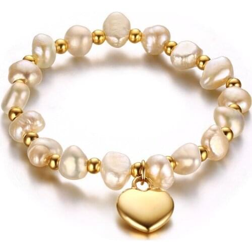 16.5CM stainless steel heart-shaped freshwater pearl bracelet womens small jewelry B00370