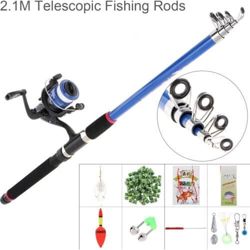 2.1m 2.4m Fishing Rod Reel Line Combo Full Kits Spinning Reel Pole Set with Carp Fishing Lures Fishing Float Hooks Beads Etc
