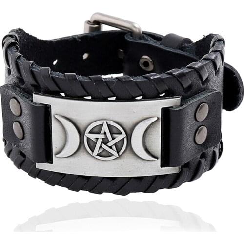 Charms Moon Star Alloy Layer Bangle Braided Genuine Leather Bracelet Cuff Jewelry Punk Men Christmas Gift