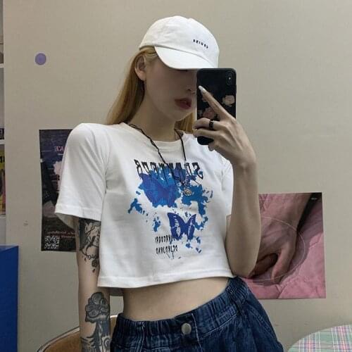 Black T-shirts Gothic Streetwear Sexy Female Top Tee Butterfly print accessory album Vintage Tops Goth T-shirt Women Bodycon