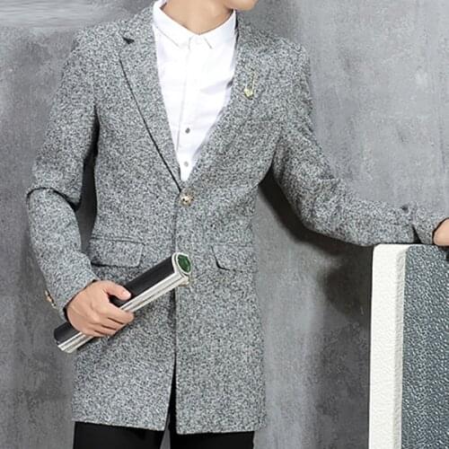 Classic Black Mens Blazer Autumn/Summer Linen Business Male long Coats Fashion Grey Mens Jacket English Style Blazers for Men