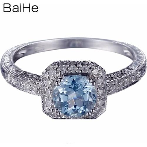 BAIHE Sterling Silver 925 0.84ct Flawless Round Genuine Sky Blue Topaz Engagement Gift Women Trendy Fine Jewelry Blue Topaz Ring