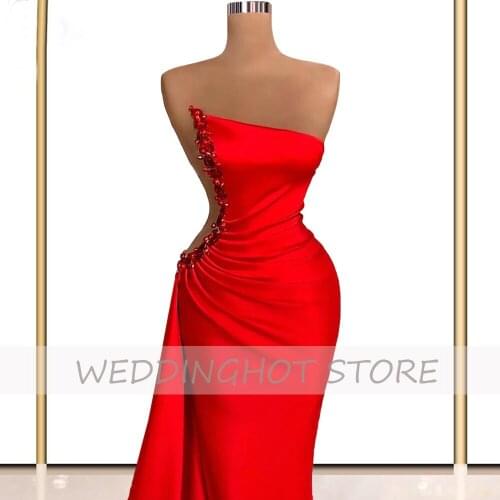 Red Strapless Evening Dresses 2021 Sexy Mermaid Beading Prom Gowns Elegant Chic Party Dress Custom High Quality robes de soirée