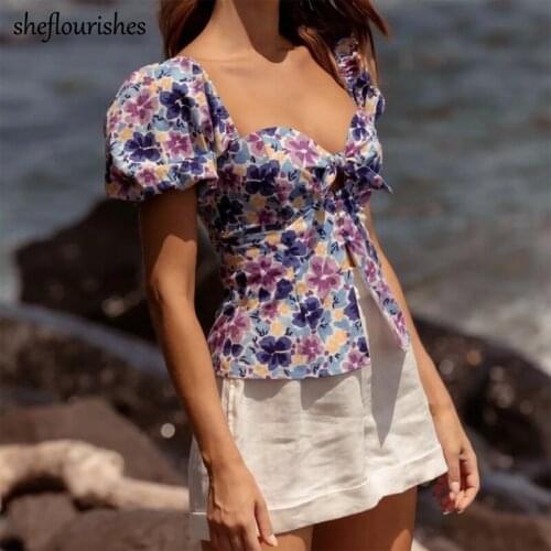 Summer shirt women sexy short sleeve blouse korean floral cropped shirt square neck lace up top hollow out slim blouse blue