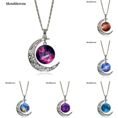 Mendittorosa Illusion Galaxy Glass Pendant Galaxy Moon Pendant Necklace Women Silver Plated Crescent Moon Necklaces Jewelry