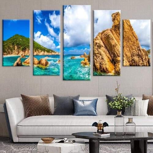 5 Pcs Modular Canvas HD Prints Stone Sky Blue Sea Pictures Wall Art Painting View Home Decor Posters For Living Room Framework