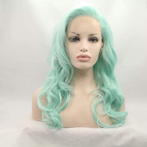 Natural Mint Green Wig Side Bangs Synthetic Hair Lace Front Wig Long Wavy Heat Resistant Fiber For Women Hair Body Wave Wigs