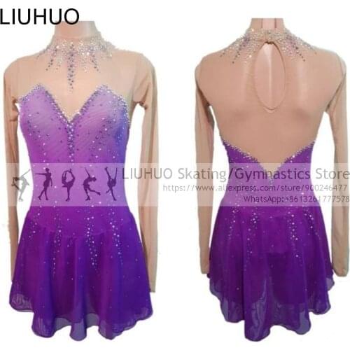 LIUHUO Figure Skating Dress Girls Women Competition Costumes Purple Ballet Child Long Sleeves Performance Wear Rhythmic Leotard