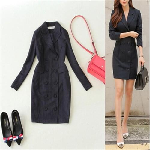 Women Dress 2018 spring and summer Slim large size womens blue stripesd ouble-breasted dress Women