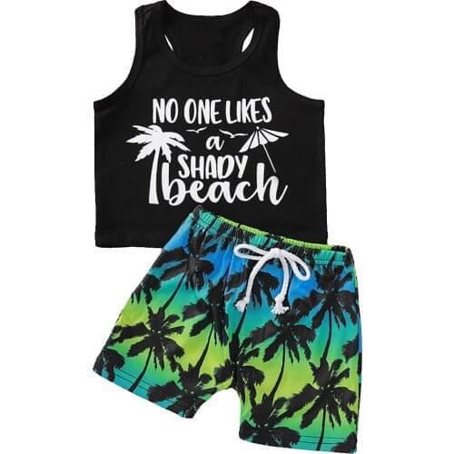 2Pcs Beach Set Boys Summer Casual Outfit Sleeveless Racer Back Coconut Tree Print Vest Tops and Shorts Sets Summer Beachwear