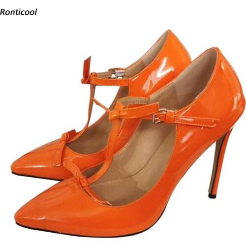 Ronticool Handmade Women T-Strap Pumps Stiletto High Heels Pointed Toe Gorgeous Red Pink Orange Shoes Women US Plus Size 5-15