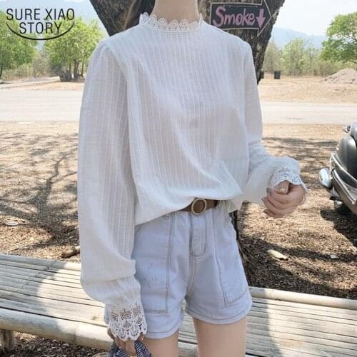 Korean Cotton Shirt for Women Lace Casual Lantern Long Sleeve Pullover 2021 Autumn Blouse Women White Striped Ladies Tops 10912