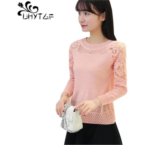 UHYTGF Knitted pullover sweaters women Fashion hollow lace short tops beaded long sleeves thin Spring autumn Sweater female 532