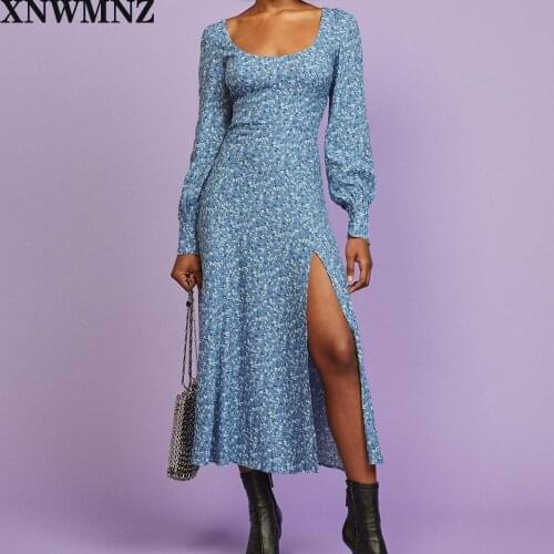 XNWMNZ Za women 2020 fitted bodice relaxed skirt side slit midi dress fashion casual vestido chic print Female Ladies dresses