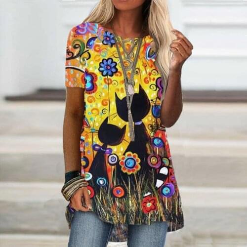 Digital Printed Women Blouse O-Neck Short Sleeve Loose Shirt Summer Casual Ladies Shirt Star Flower Print Pullover Tops