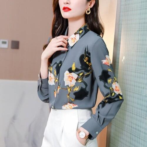 Women Clothing 2021 Spring Floral Printed Blouses Plus Size Long Sleeve OL Blusa Elegant Casual Vintage Chiffon Tops Tees 9251