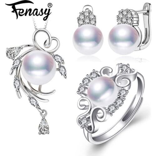 FENASY 925 Sterling Silver Jewelry Sets Natural Pearl Stud Earrings Custom Bohemian Pendant Chain Necklace For Women Ring Set