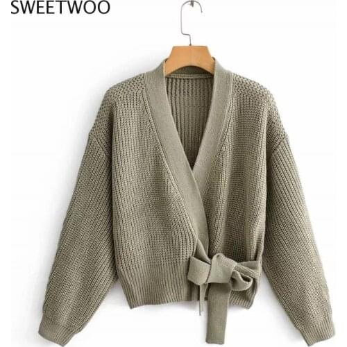 Womens green knitted Cardigan Sweater women long sleeve sashes chic sweater Streetwear Womens Knit Sweater 2021