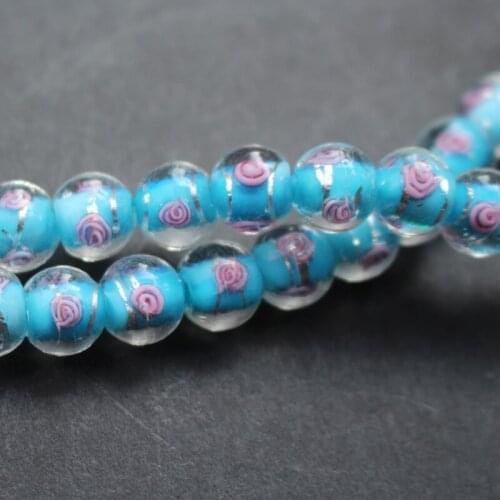 20Pieces/Lot 10mm Lampwork Glass Beads Flower With White Foil Solid Blue Color for jewelry making