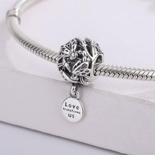 925 Sterling Silver Round Shape Openwork Dragonfly Love Pendant Charm Bracelet DIY Jewelry Making For Original Pandora