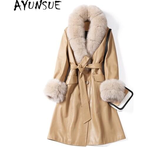 AYUNSUE Long Genuine Leather Jacket Women Sheepskin Coat Female Down Jackets Fox Fur Collar Autumn Winter 2020 Abrigo Mujer 72LW