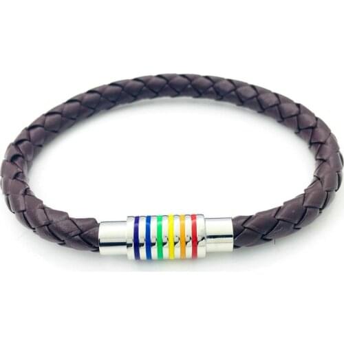 Imitation Leather Rainbow StainlessSteel Magnet Buckle Bracelet Gay Pride Bracelet With Stainless Steel Accessories Male Jewlery