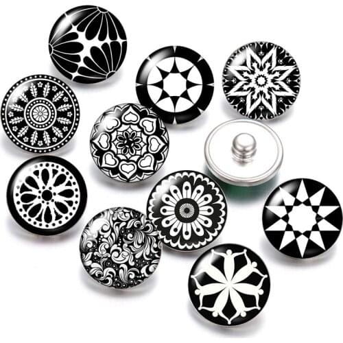 DB0488 Black pattern flowers 18mm snap buttons 10pcs mixed round photo glass cabochon style for snap button jewelry Gift
