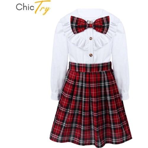 Kids Japanese School Uniforms Girls Cosplay Student Costume Long Sleeve Shirt Pleated Plaid Skirt Tieknot Set Stage Clothing