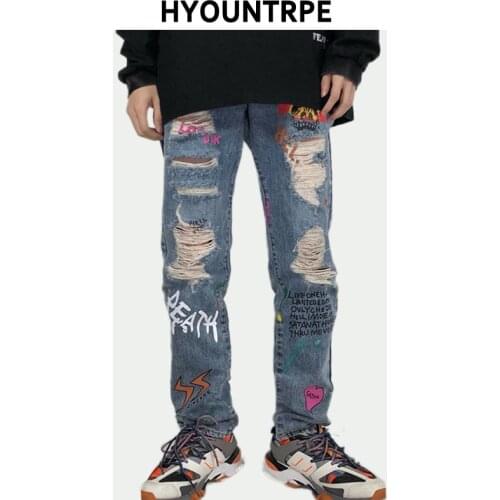Fashion Mens Jeans with Graffiti Graphic Print Hip Hop Destroyed Ripped Slim Biker Jean New Pants Jogger Men Skinny Jeans Pants