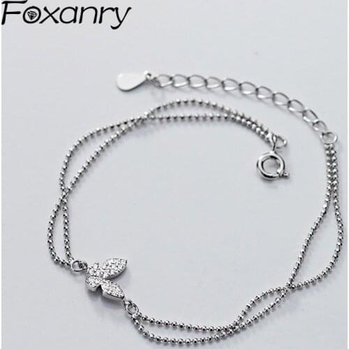 Foxanry 925 Sterling Silver Zircon Butterfly Bracelet for Women Couples Vintage Fashion Bead Chain Elegant Party Jewelry Gifts