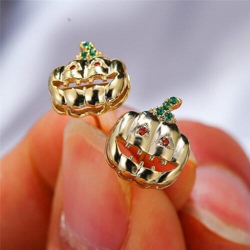 Dainty Pumpkin Halloween Stud Earrings Minimalist Female Red Green Crystal Earrings Vintage Gold Color Small Earrings For Women