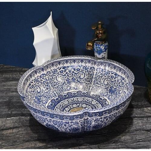 Bule and white flower shape china above counter bathroom hand and face ceramic decorative wash basin