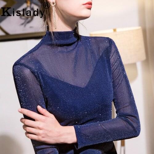 Kislady Tops Long Sleeve Hollow Out Gothic Shirt Sexy Turtleneck Patchwork Mesh Fabric Shirt Korean Shining OL Harajuku Clothes